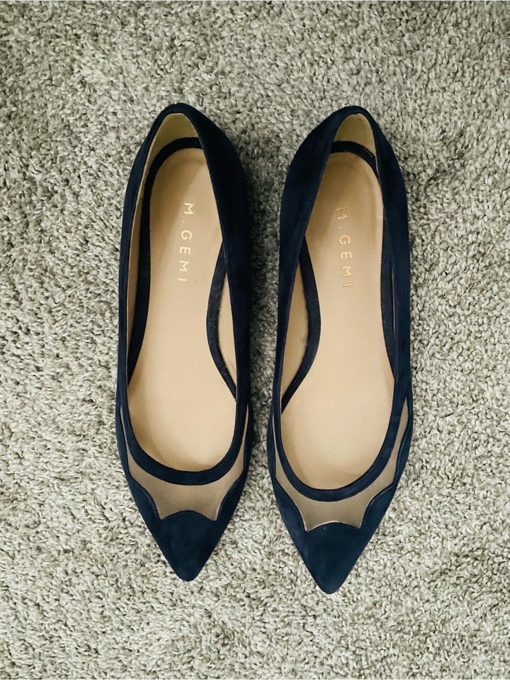 M. Gemi Navy Suede Pointed-Toe Flats with Mesh Insets